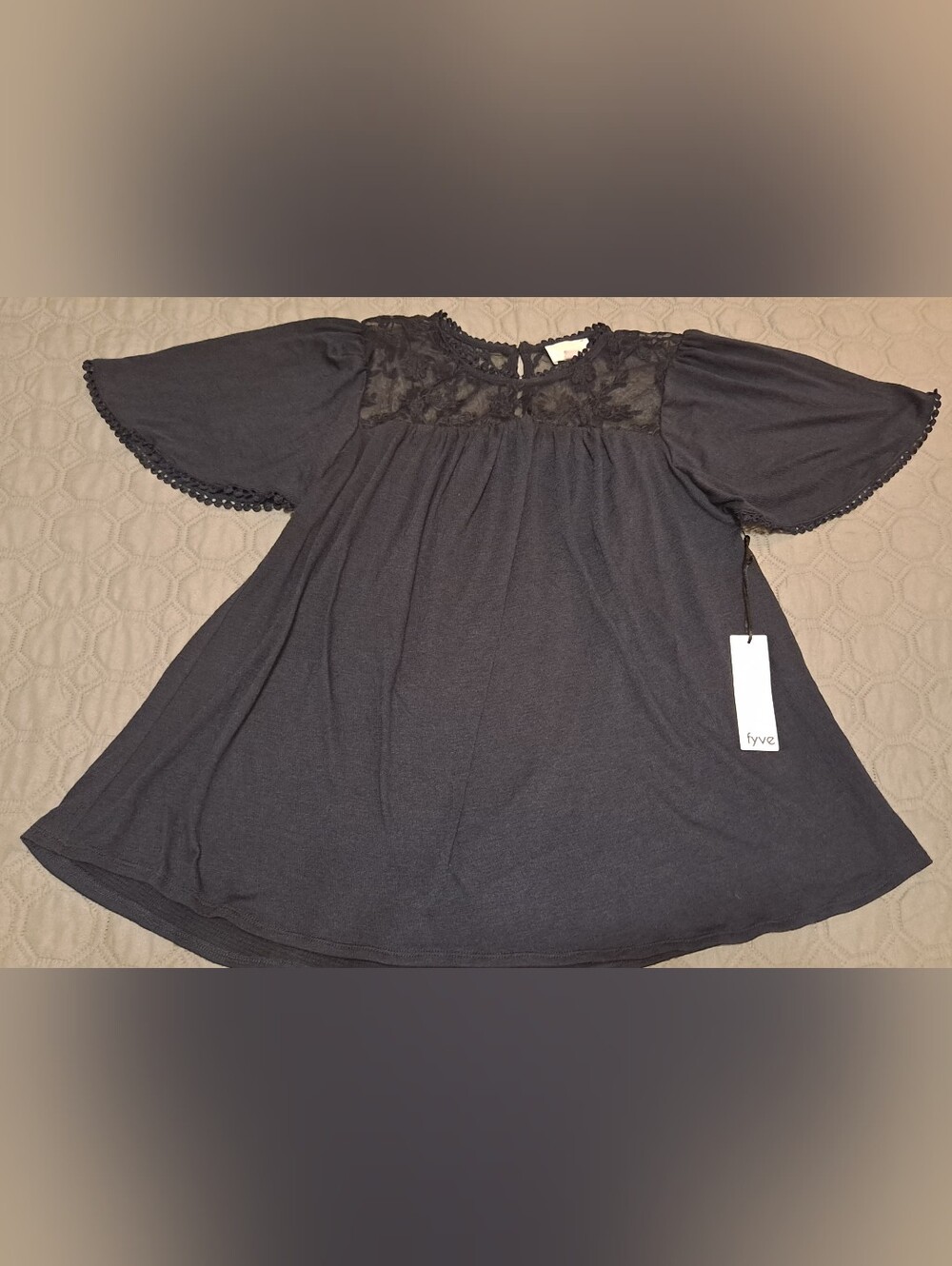 Fyve Navy Lace Yoke Top Sz S. Short Sleeve